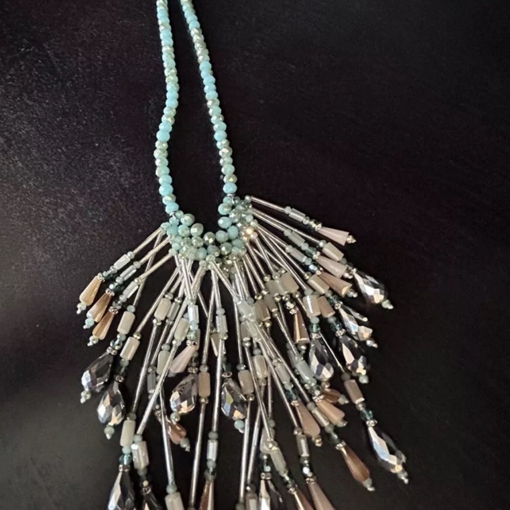 Denis & Charles Rush Necklace Faceted Aqua Blue Crystal Boho Fringe Bead…
